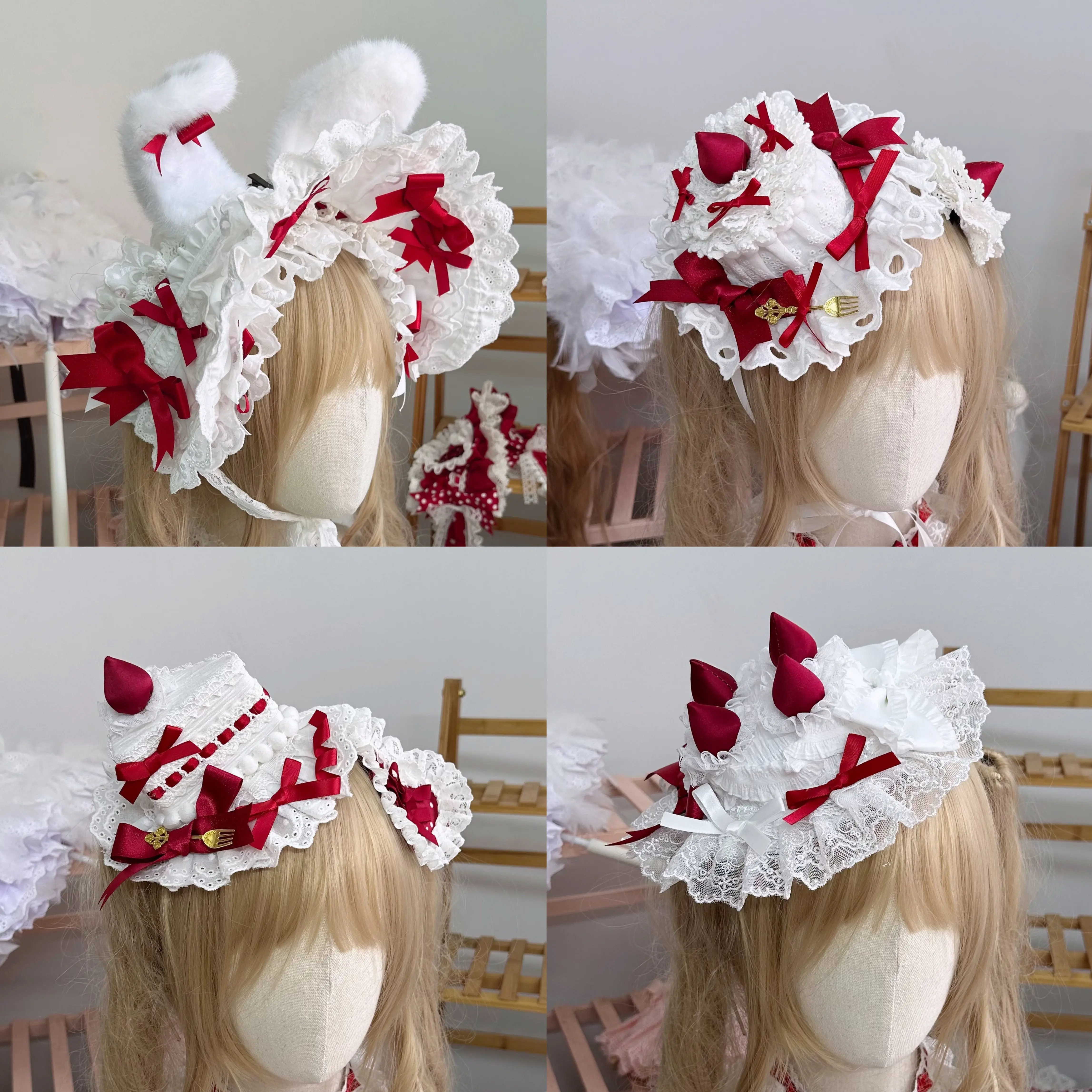 

Homemade Lolita Bow Lace Hair Band Top Hat White Red Cake Hat Cupcake Handmade Small Hair Accessories