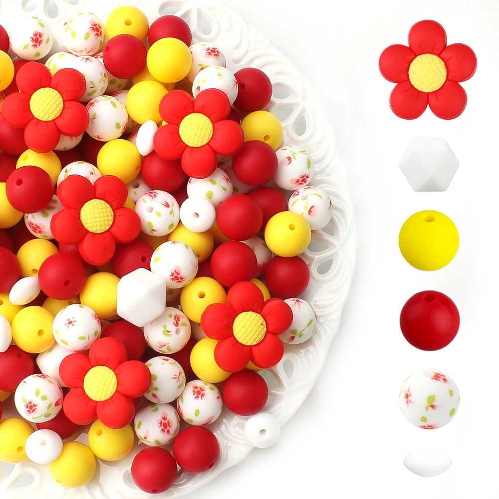 25pcs Floral Silicone Beads Set Sunflower Printed Focal Beads DIY Jewelry Making Kit For Bracelets Necklaces Crafts Accessories