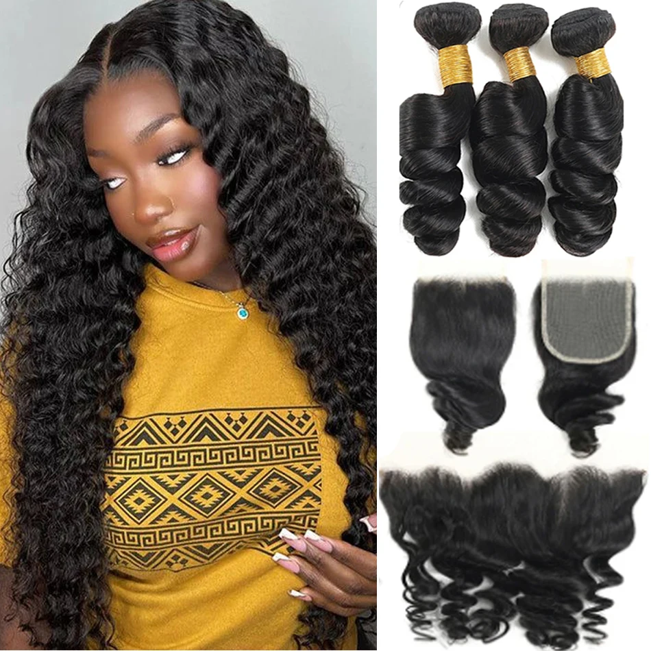 

Indian Loose Wave Bundles With Frontal Transparent Lace Closure With 3/4Bundles Natural Black Remy Human Hair Weave with Closure