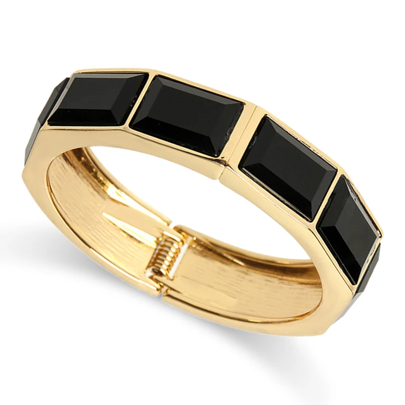 

HAHA&TOTO New Fashion Rectangle Black Crystals Bracelet for Women Gold Plating Handmade Statement Cuff Bangle Jewelry Accessory