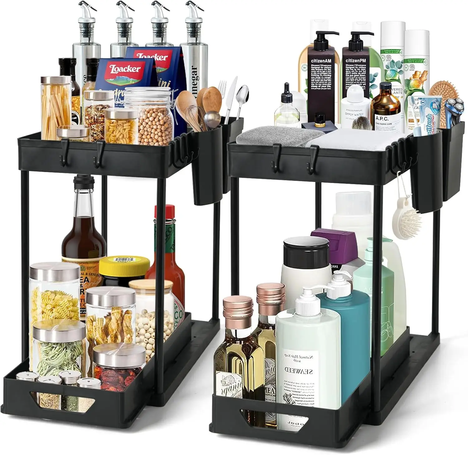 

2-Pack Under Sink Organizer – 2-Tier Sliding Rack, Pull-Out Storage for Kitchen & Bathroom (Black)