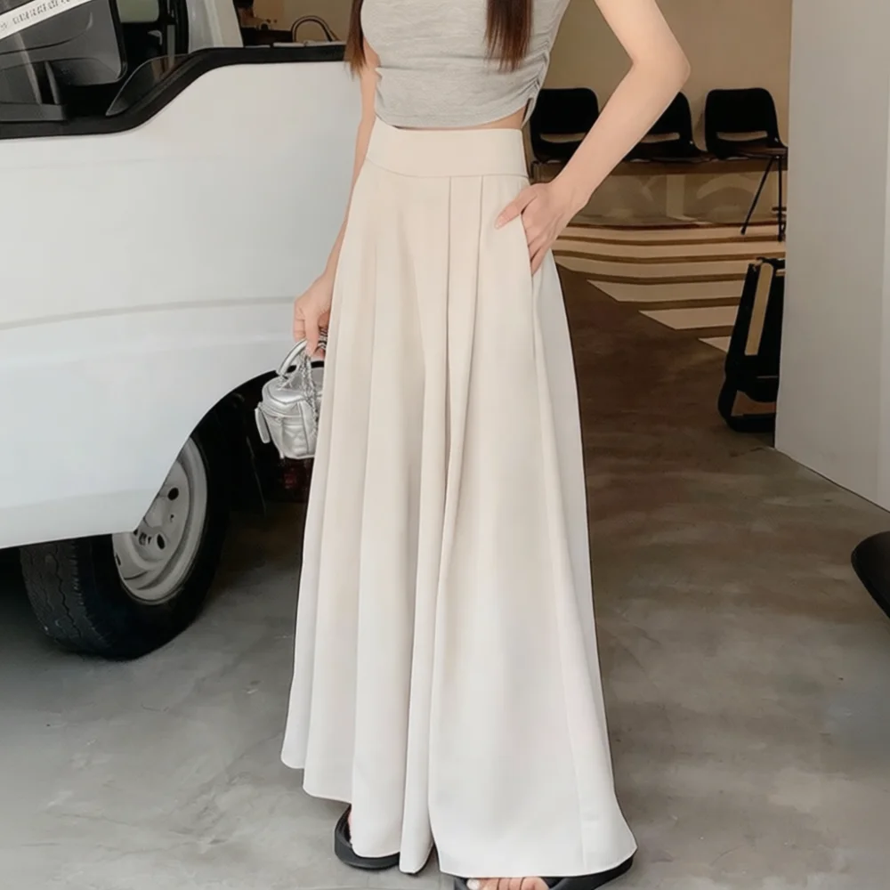 Spring Summer Women Wide Leg Pleated Trousers High Waist Fashion Loose Drape Culottes Casual Office Suit Pants Comfortable