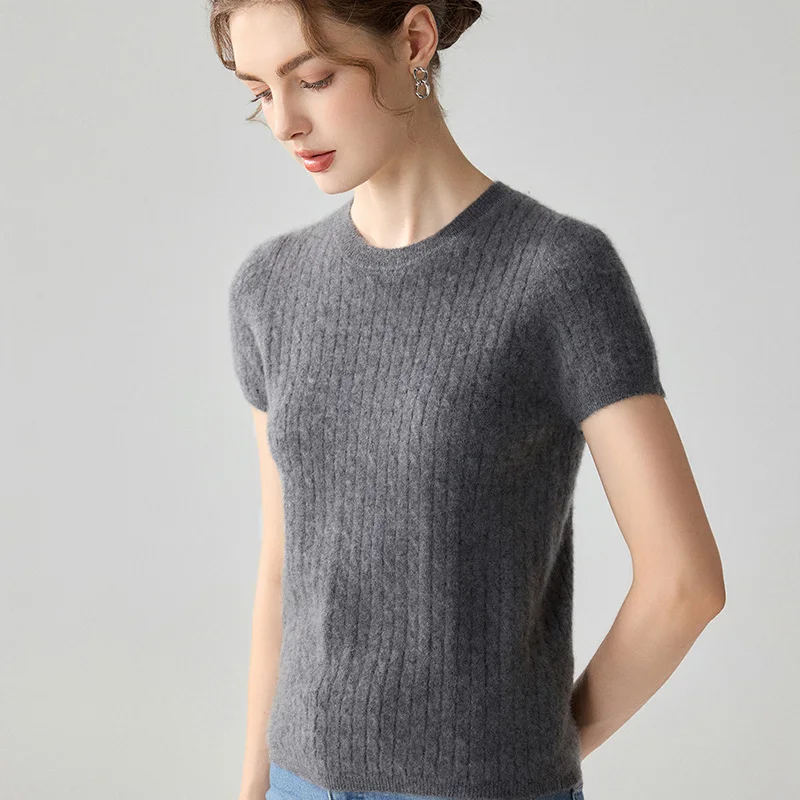 Womens Fashion 100% Percent Short Sleeve Cashmere Knit Top  Round Neck Twist Design Trendy Korean Style Short Length Sweater New