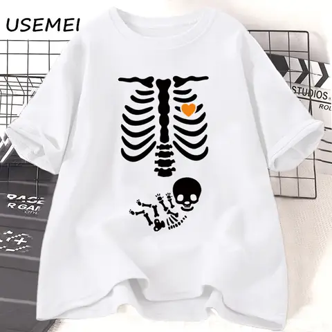 Camiseta de maternidad para mujeres embarazadas, ropa para mamá, esqueleto, Halloween, anuncio de embarazo, divertido, Otoño, nuevo