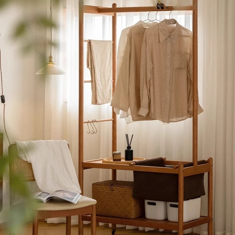 Peach edge coat rack Solid wood floor-to-ceiling bedroom Living room Small apartment Cherry wood removable hanger