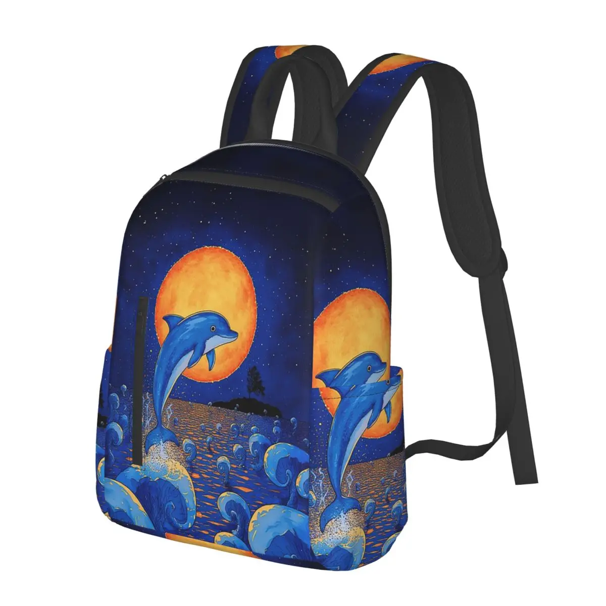 Dolphin Jumping Out Of Water And Full Moon Student Backpack School Bag Hiking Travel Daypack for Unisex Bookbag Shoulder Bags