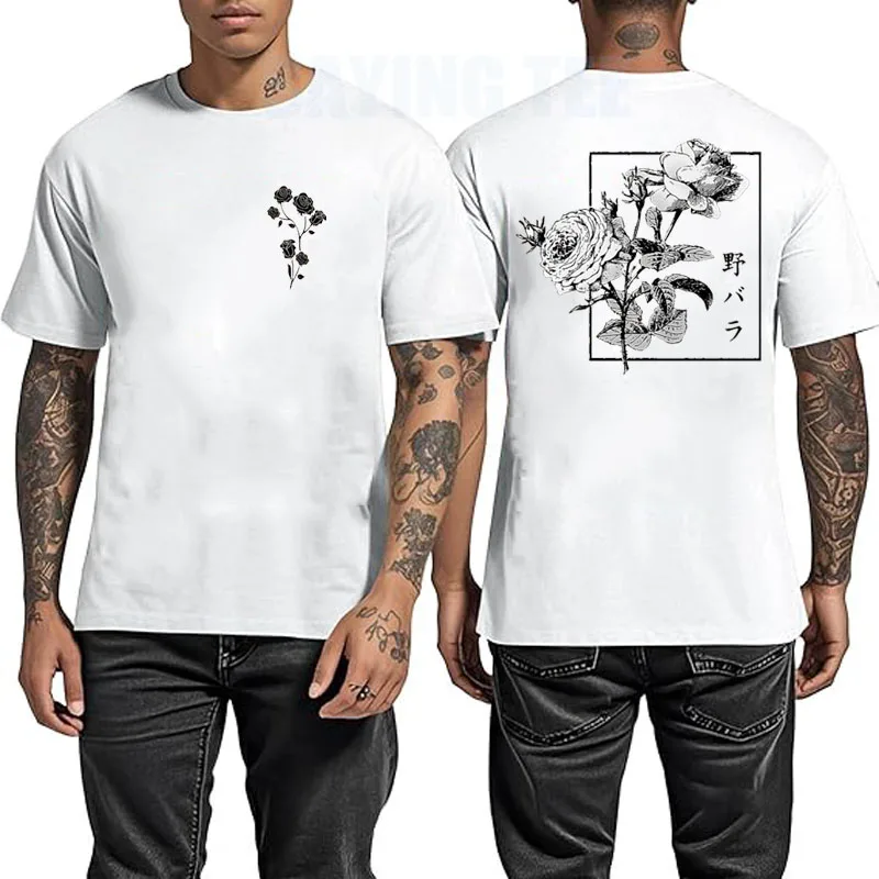 Japanese Graphic Tees for Men Harajuku Rose Flower Floral Shirts Cool Vintage Streetwear Aesthetic Clothes Personality T Shirts