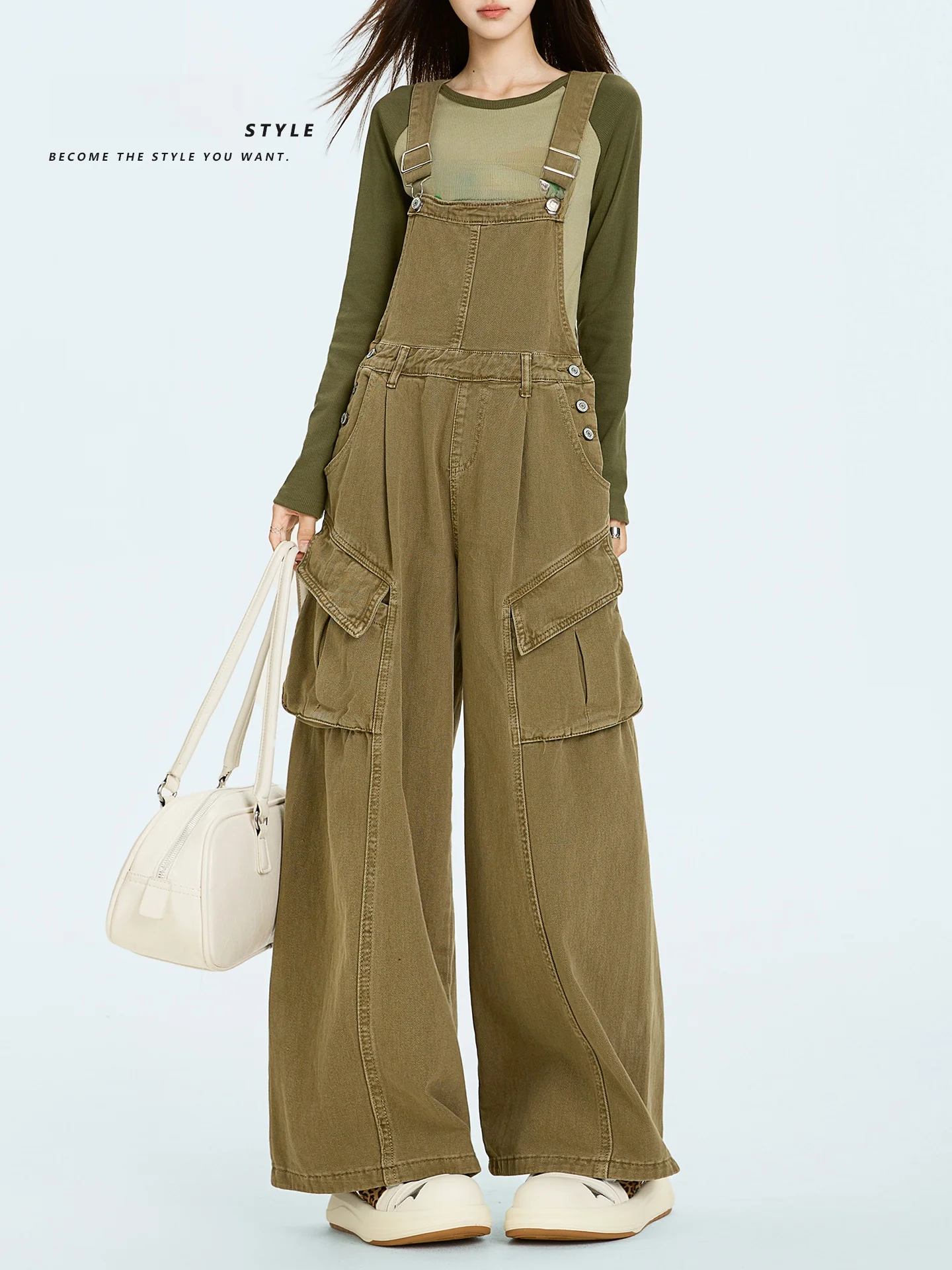 

Khaki Denim Overalls Women Summer New Loose Wide Leg Workwear Pants Casual High Waist Cotton Jeans O.S.U.Z Brand B8125101