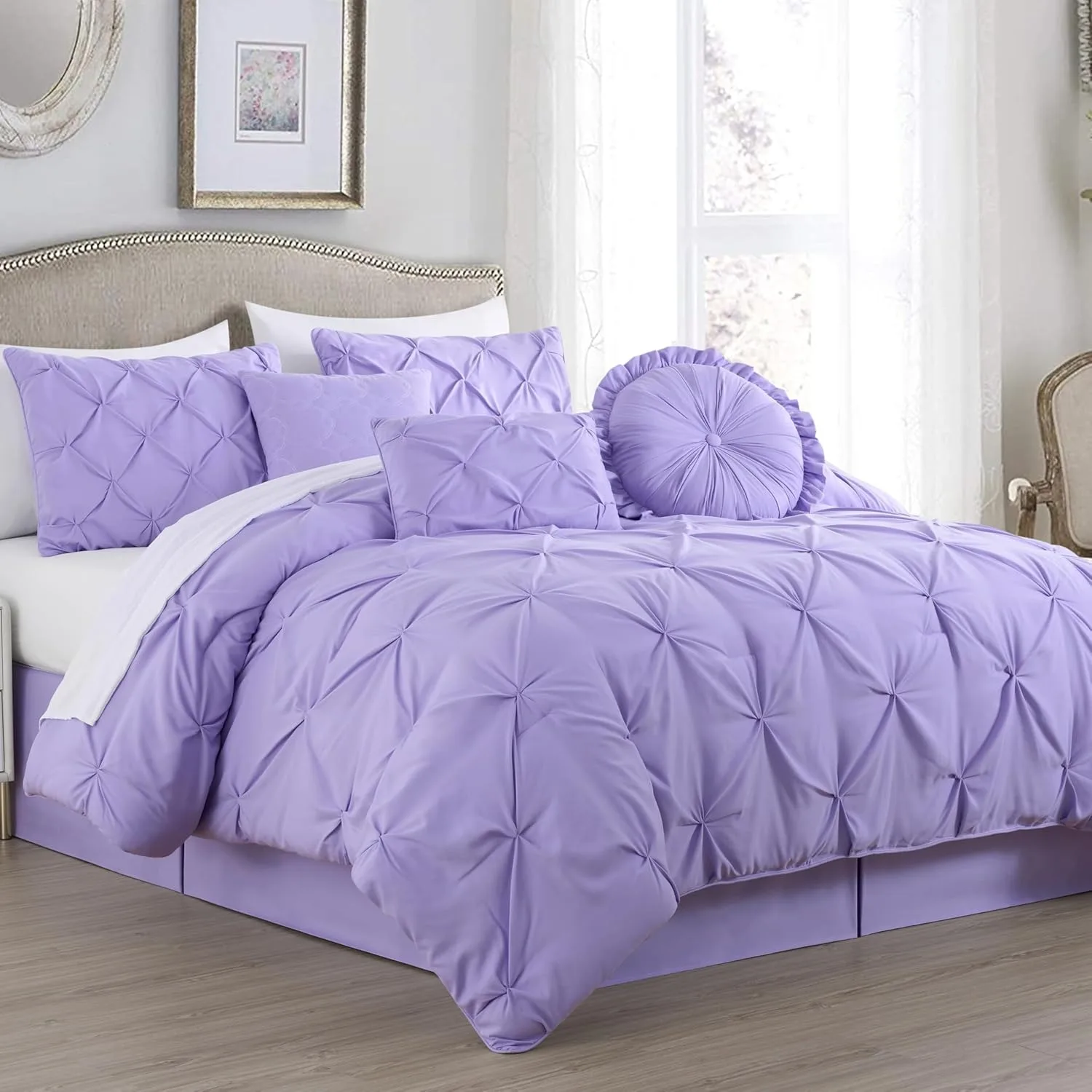 Sydney 7-Piece Pinch Pleat Pintuck Bedding Comforter Set (Full, Lavender)