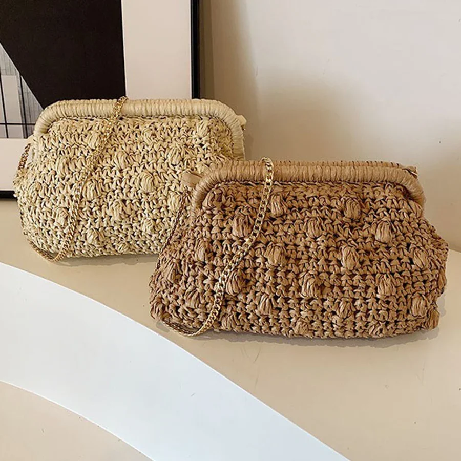 

Clip Clutch For Women Cloud Dumpling Pouch Straw Crossbody Shoulder Handbag Summer Beach Woven Bag Bali Hollow Shopper Tote ﻿Bag