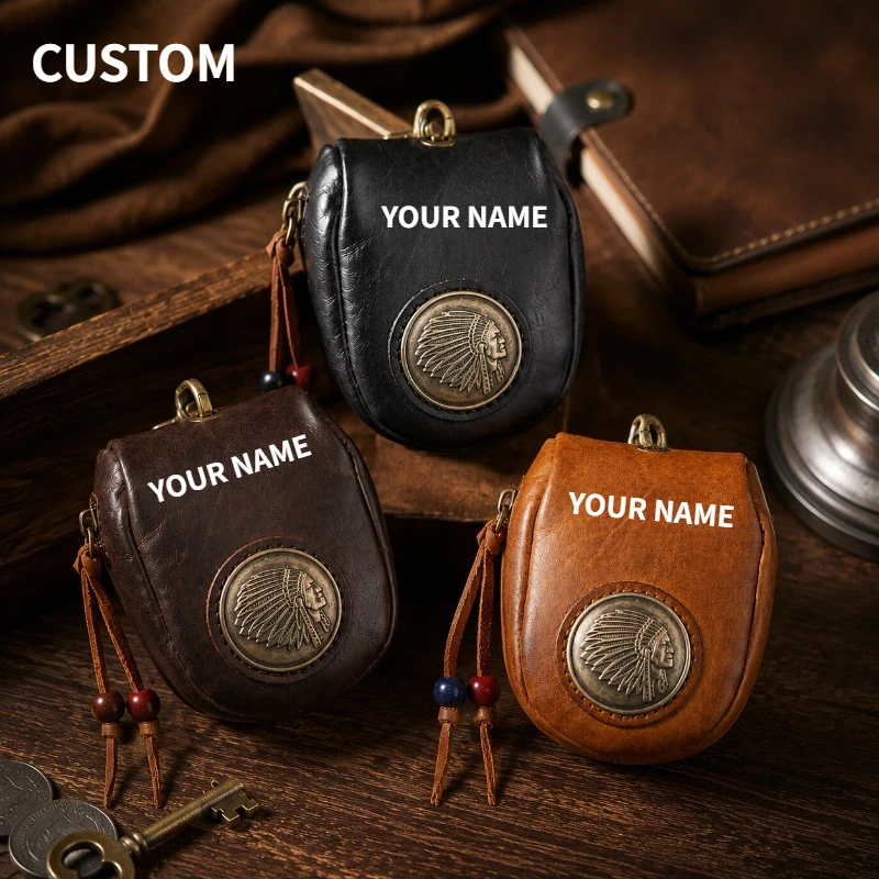 Handmade Retro Top Layer Cowhide Car Key Holder Personalized Engraved Real Leather Pouch Keychain