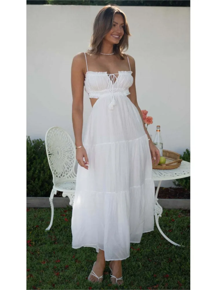 Zomer elegante spaghetti maxi-jurken dames uitgesneden rugloze ruches a-lijn jurk bohemien feestvakantie casual zonnejurk