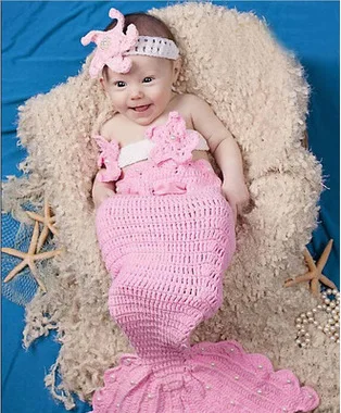 New Born Photography Props Baby Crochet Mermaid Animal Costume Set Newborn Photo Props Infant Knitted Pearl Cocoon Headbands