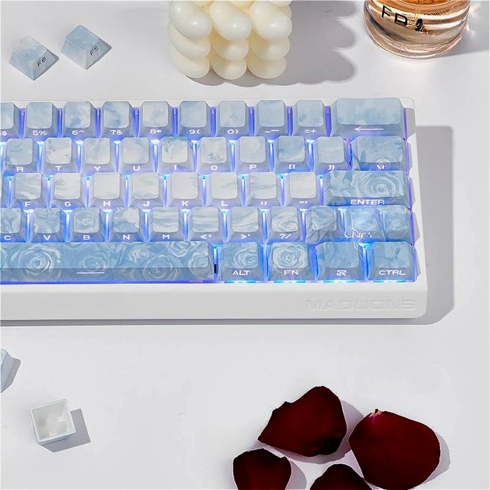 Custom Mac PBT Keycaps: Ice Blue Transparent, Sublimation Engraved, 68-104 Keys