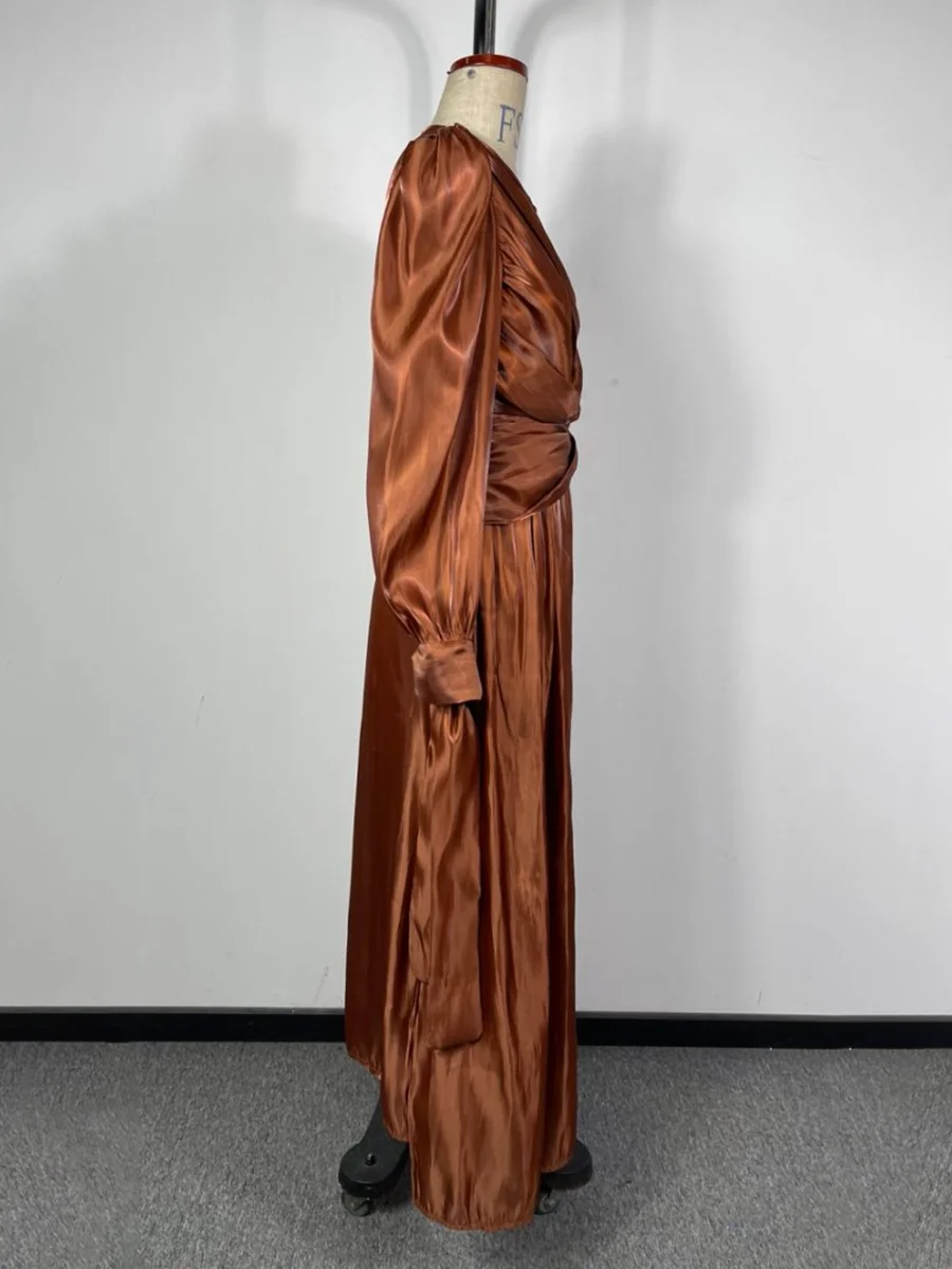 VGH voir à travers les plis brillants robe de soirée pour les femmes col rond lanterne manches taille haute épissé à lacets moulante longues robes femme