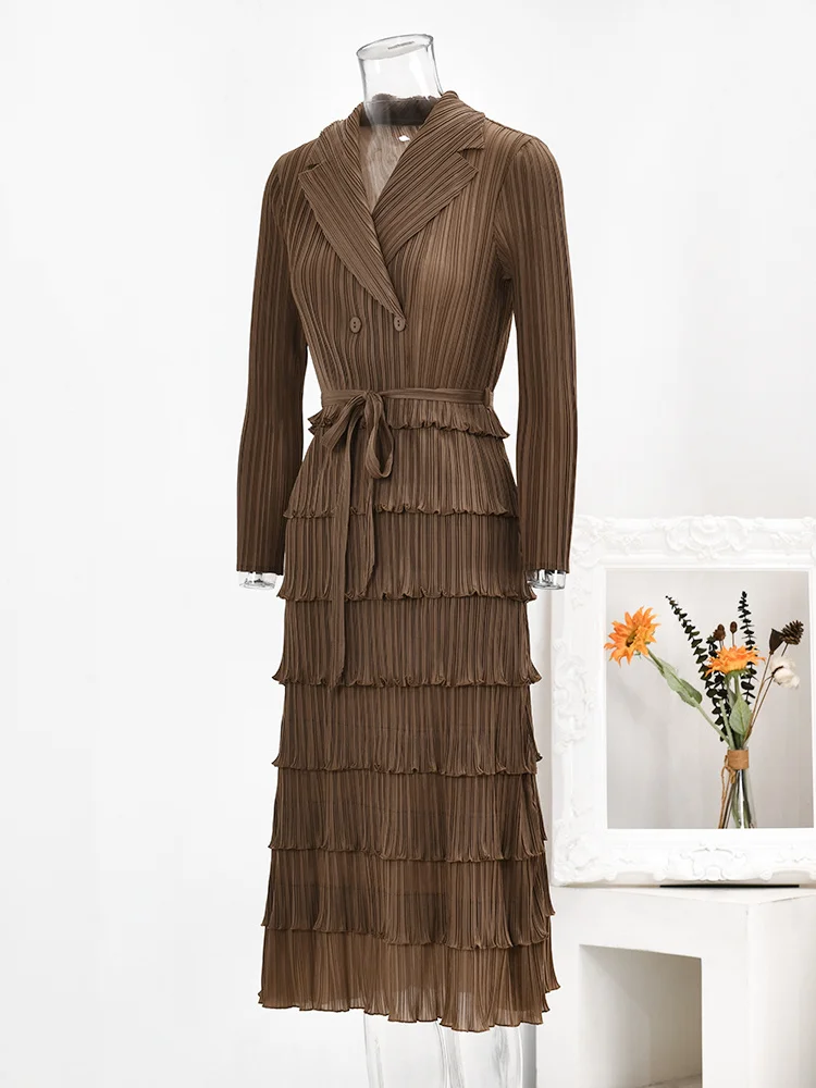 LANMREM Designer Pleated Belt Dress For Women Laple Double Breasted Long Sleeves Dresses Female Clotheing 2024 New 2YaA601