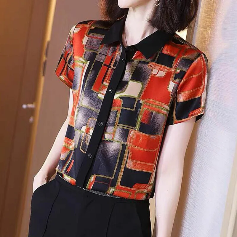 Summer All-match Printing Turn-down Collar Short Sleeve Blouse Women Clothes Fashion Buttons Shirts Ladies Elegant Patchwork