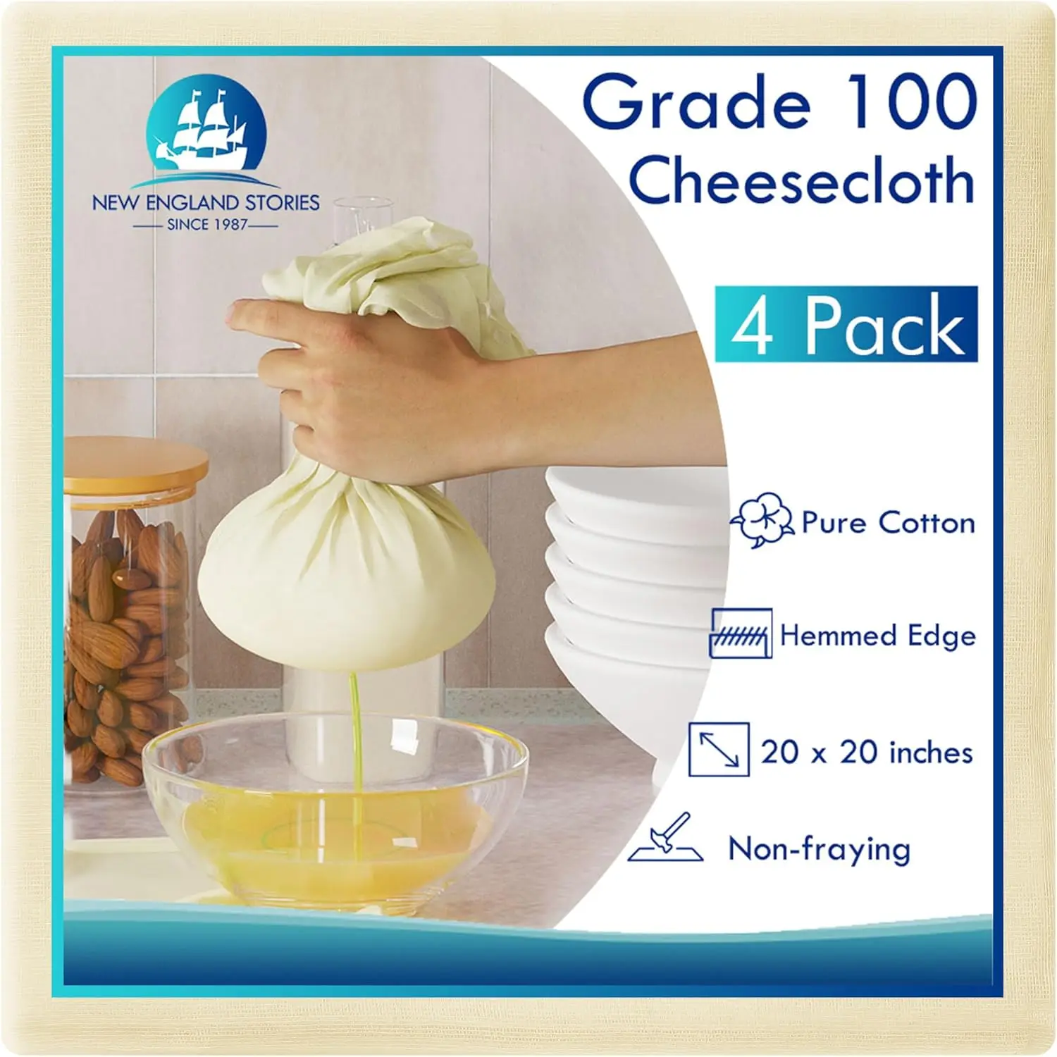 

4 Pack Reusable Cheesecloth Grade 100, 20x20 Inch Fine Mesh Cotton Strainer for Cooking, Baking, Juicing, Cheese Making