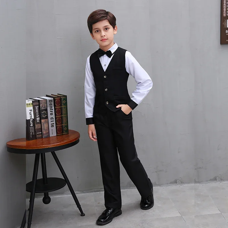 4Pcs Kids Boys Formal Vest Suits Child Clothes Sets Wedding Piano Performance Outfits 3-12 Years