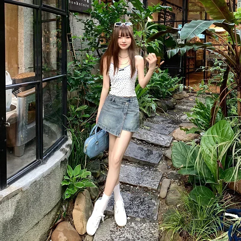 

Retro hot girl low waist irregular short skirt versatile slim hip a-line skirt anti-exposure denim skirt