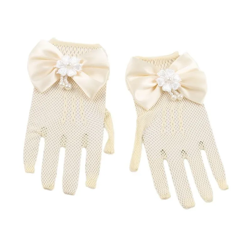 قفازات شبكية رفيعة صيفية للفتيات - قابلة للتمدد وقابلة للتنفس، على طراز الأميرة بعقدة فيونكة. مثالية للعروض، تصميم إصبع مرن.