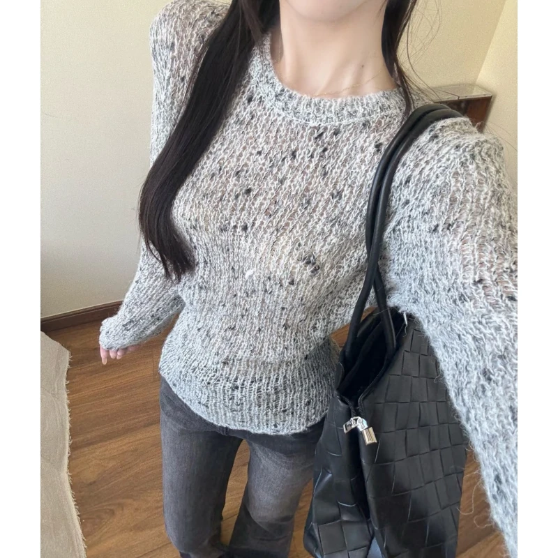 

Women Back Hollow Knit Top Long Sleeve Bow Tie Slim Fit Sunscreen Shirt Korean Sweet Grey Autumn Winter Classic Fashion