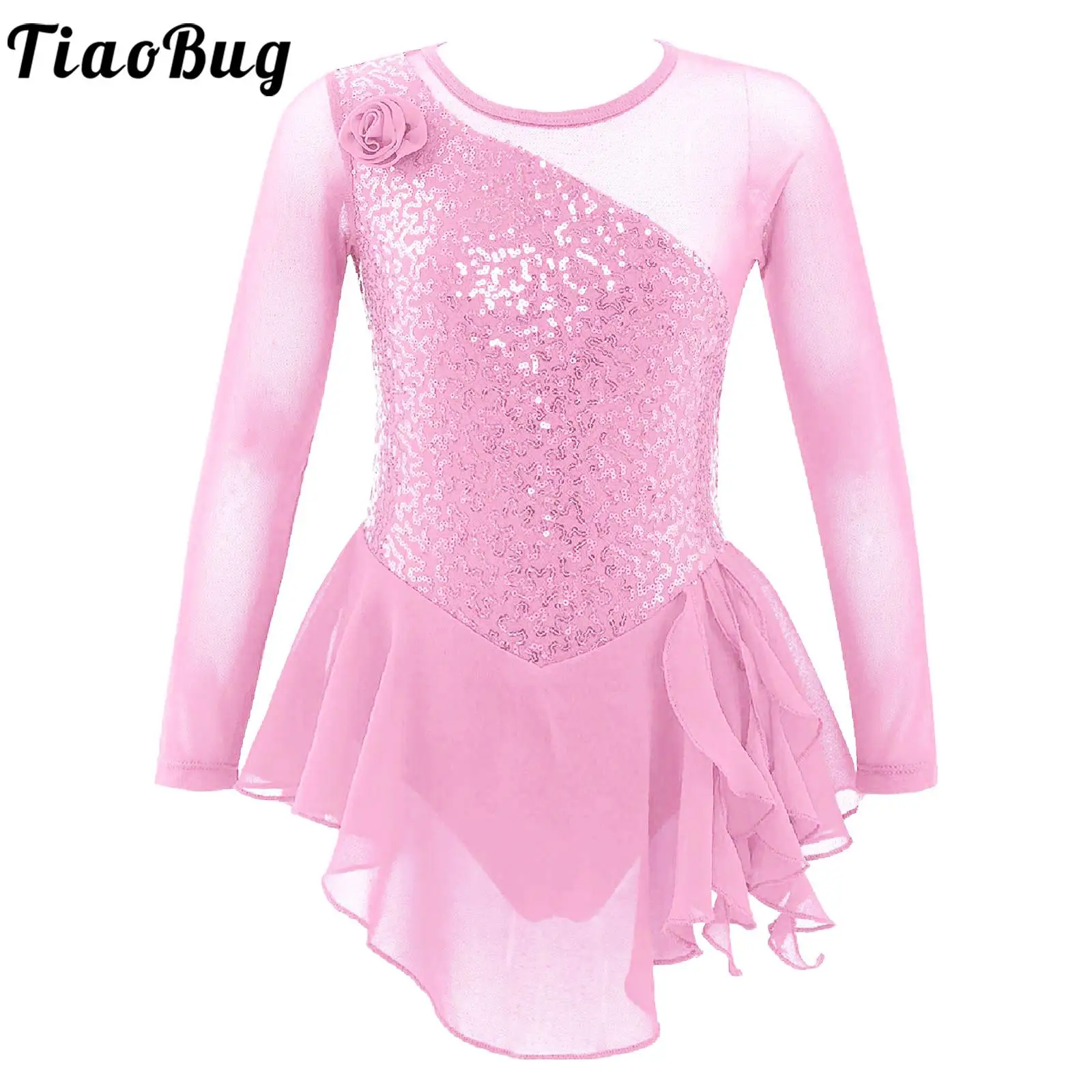 

Kids Girls Figure Skating Dress Long Sleeve Shiny Sequins Ballet Dance Gymnastics Leotard Dresses Ballerina Performance Costumes