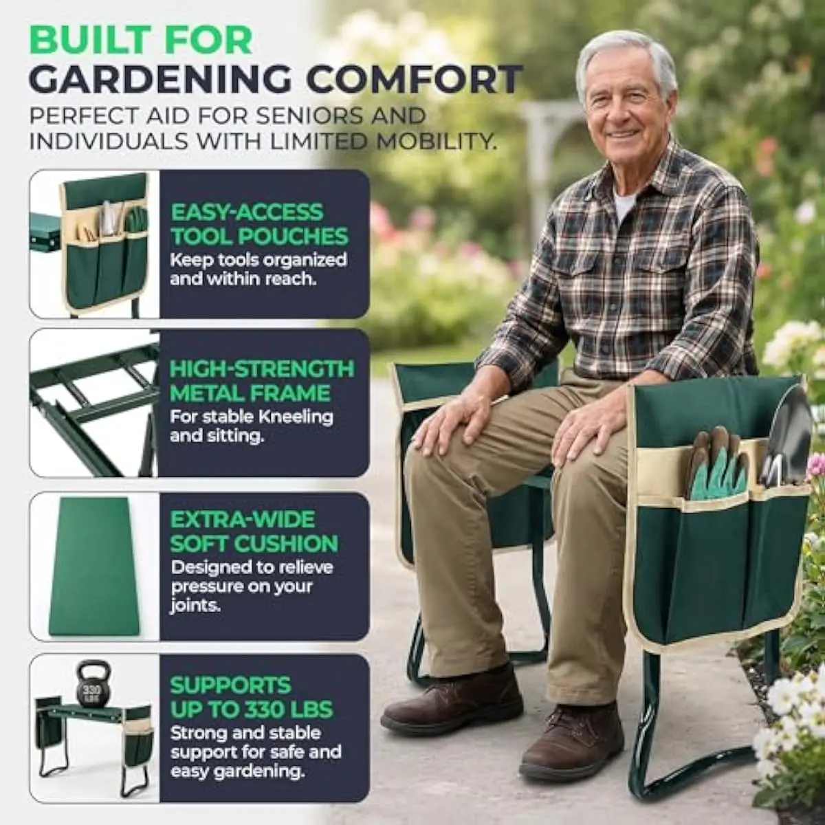 Garden Kneeler Seat Foldable Dual-Use Outdoor Support Stool with Wide Cushioned Surface Ergonomic Design for Comfortable Kneelin