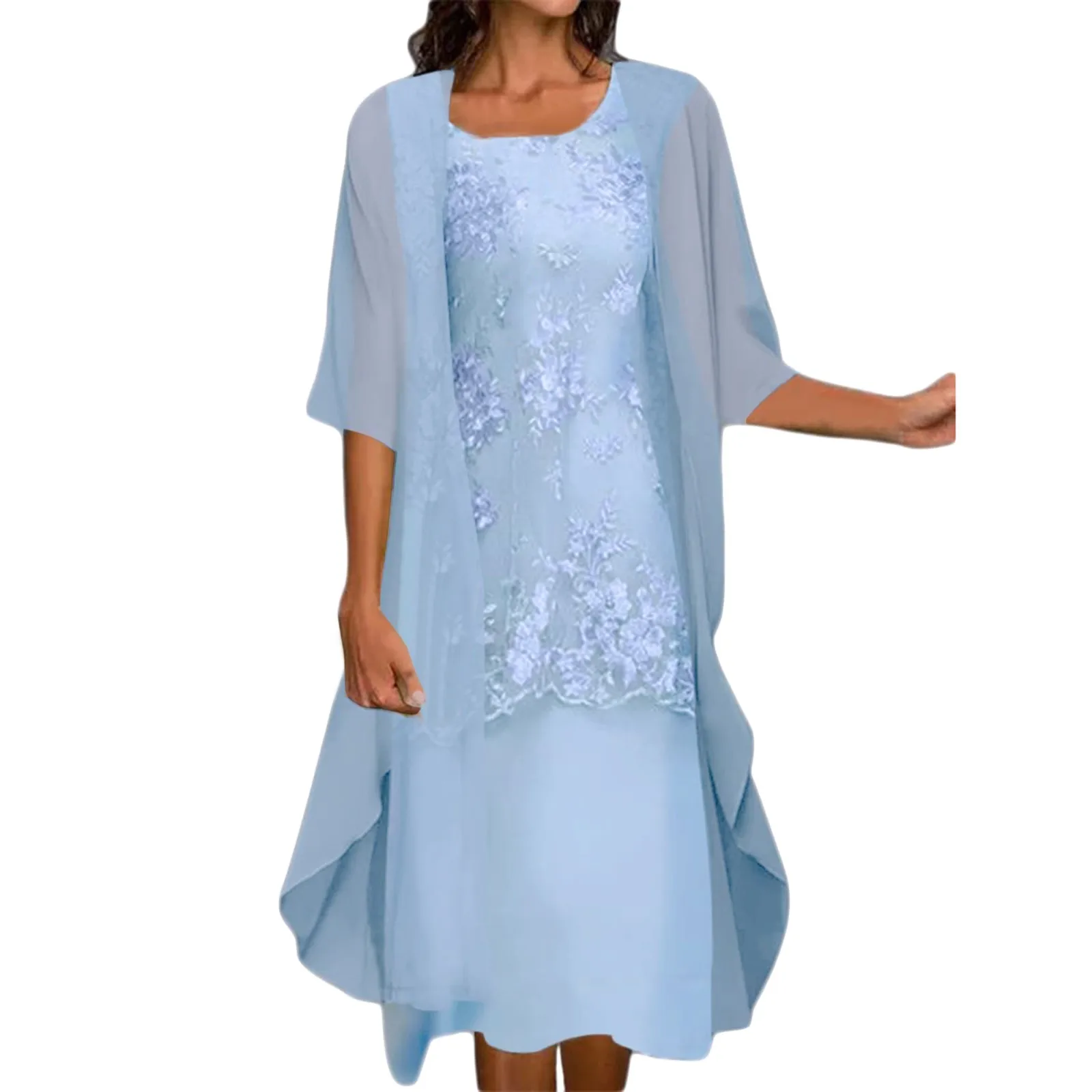 

Fashion Women Chiffon Autumn Sleeveless O-Neck Print Loose Party Dresses +Cardigan Shawl Elegant Casual Lady Two Piece Set Dress