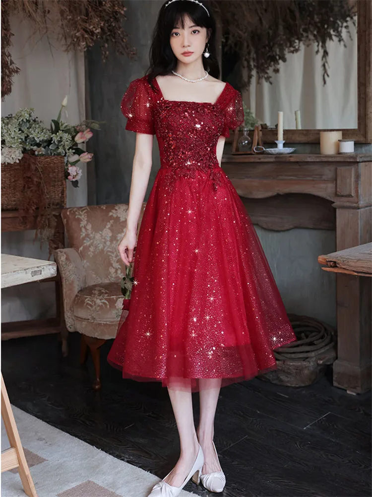 Elegant Wine Red Dress for Women, Monochrome, Sequin Applique, Square Collar, Mid-length, A-line Skirt, Fashion Evening Gown 083