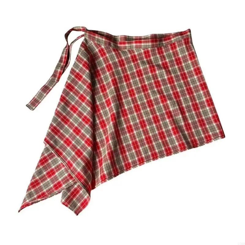 

270D Hiphop Checkered Plaids Hip Covering Wrap Half Skirt Layered Apron Skirt with Bandage Asymmetrical Underskirt Streetwear