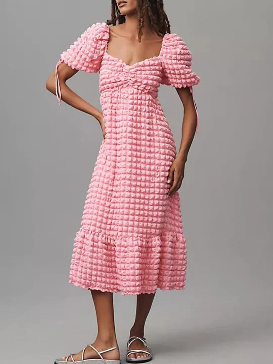 Women luxury Puff Sleeve Midi Dress Bubble Textured Smocked Sweetheart Neck Ruffled Flowy Dress vestidos