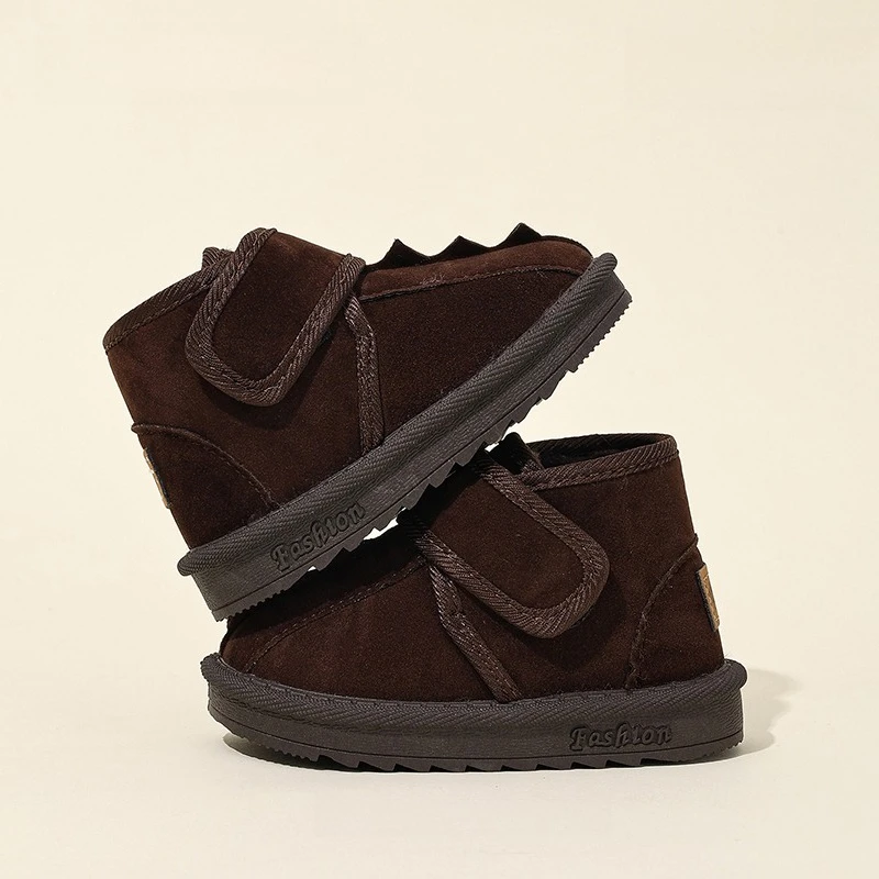 Winter Warm Fur Lined Kids Ankle Snow Boots Toddler Boys Girls Suede Velcro Strap Serrated Toe Casual Daily Footwear 22-33
