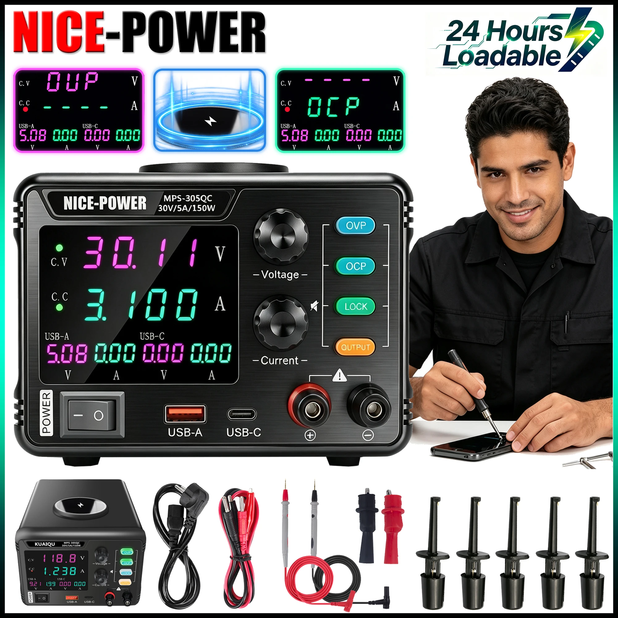 NICE-POWER Adjustable Power Supply For Cell Phone Repair, 30V 60V 120V Mini Laboratory Power Supply With OCP OVP SCP Protection