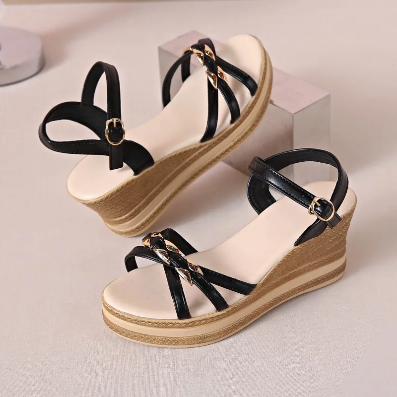 

Women's Fashion Round Toe Metal Buckle Cross Slim Strap Platform Non-Slip High Heel Plus Size Shoes Wedge Sandals