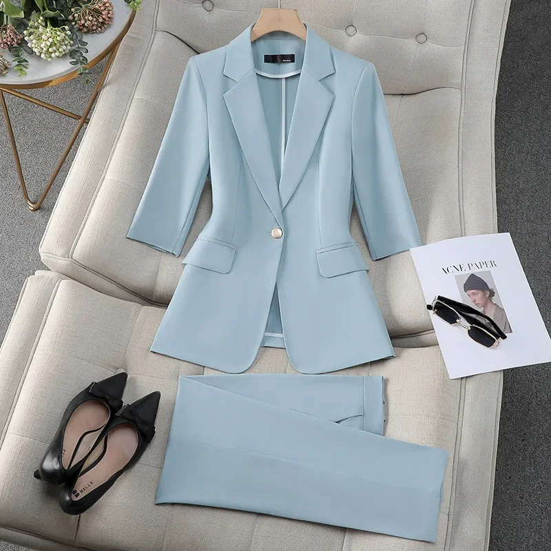 810 Blue Suit Women\'s Summer Temperament Goddess Style Business Wear Overalls Fashion 3/4 Sleeves Small Tailored Suit Top