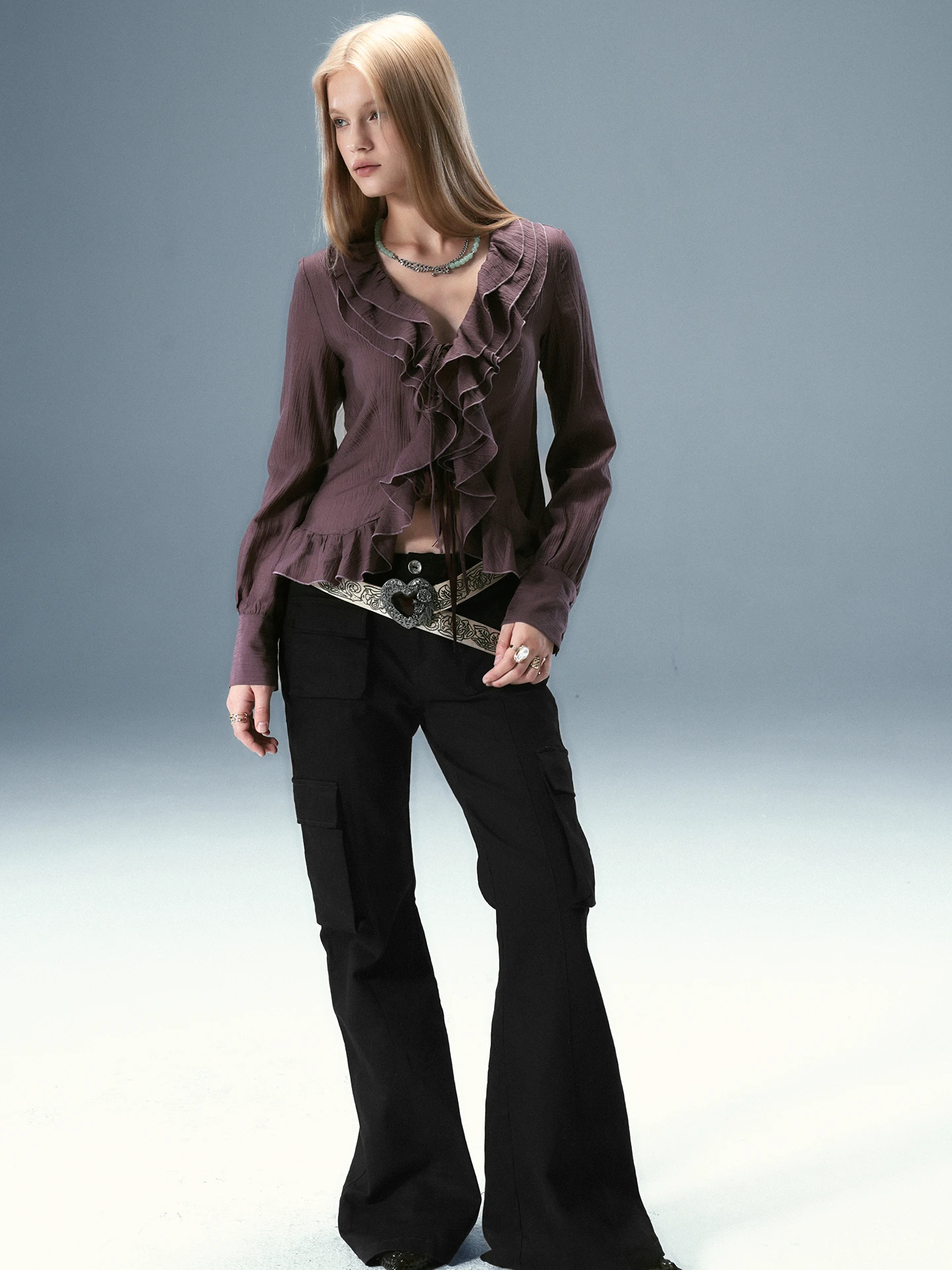 

Tolo2Tolo Multi-Layer Irregular Ruffle Waist irt Vintage Sle Slim Fit Long Sve Petal Collar Button-Down Women's irt