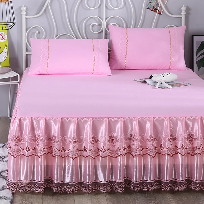 Korean Lace Bed Skirt Mattress Cover Set, Pink Rufflers, Elastic Bed Sheets, Pillowcase, Multiple Sizes Available, # SW