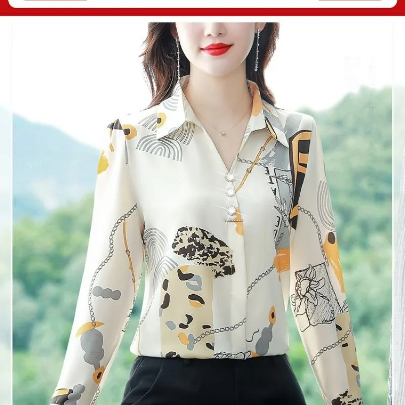 2023 Spring and Autumn Women\'s Polo Collar Long Sleeve Chiffon Printing Loose Button Fashion Casual Formal Elegant Tops