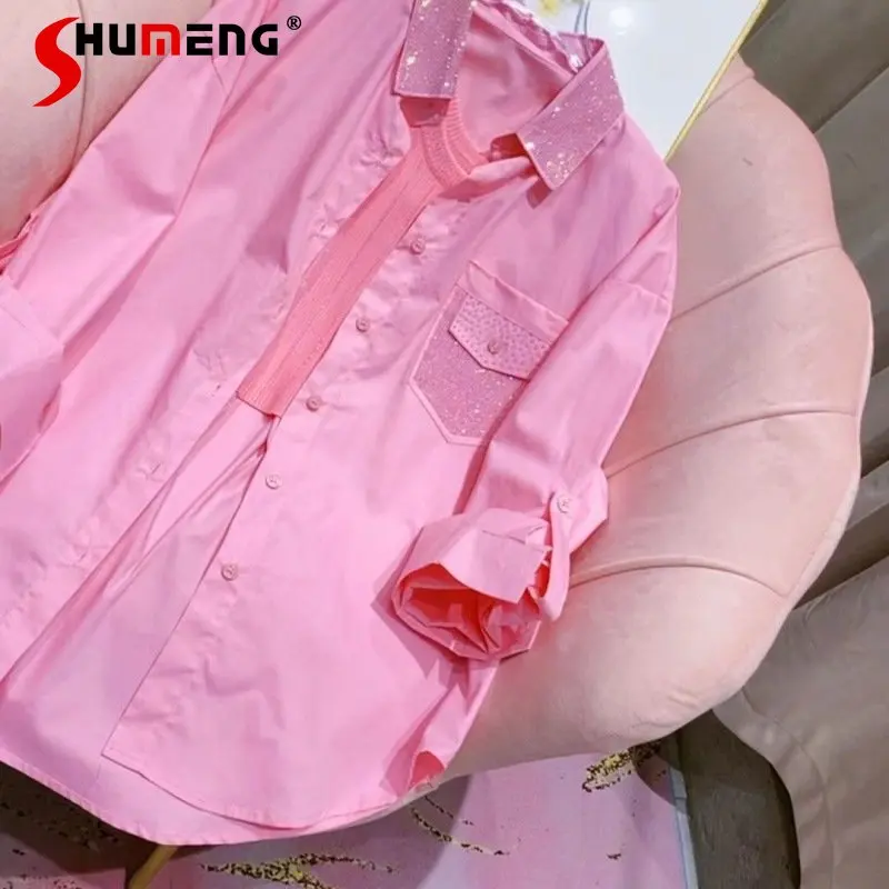 

Candy Color Pocket Turned Cuff Rhinestone Shirt Women's 2023 Spring and Summer New All-matching Loose Long Sleeve Tops