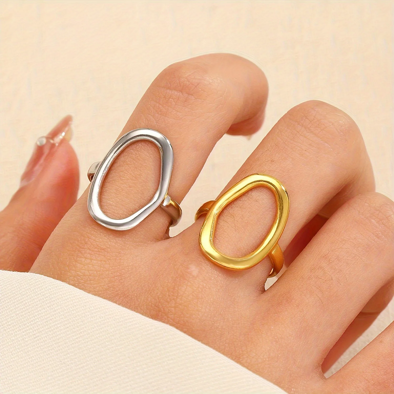 

Stainless Steel Oval Ring Women Geometric Open Design 18K Gold Plated Finger Ring Simple Statement Jewelry