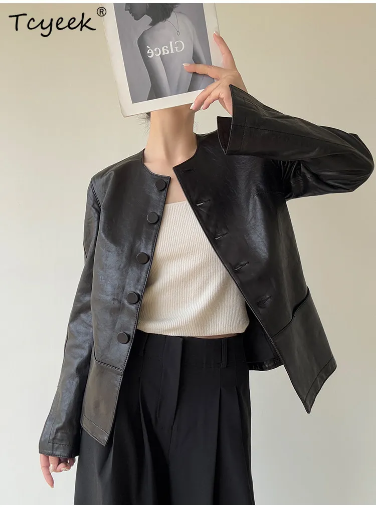 Tcyeek 本革ジャケット女性春秋服オイルワックスシープスキンレザーコートレディースコート 2025 Jaqueta Feminina Couro
