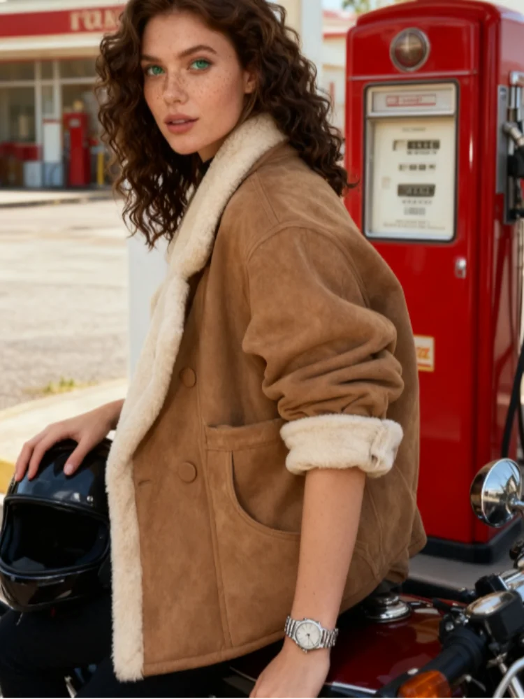 

Vintage Faux Leather Warm Coat Thick Fluffy Splicing Big Lapel Coats Female Long Sleeve Outerwear Winter Lady Street Jackets