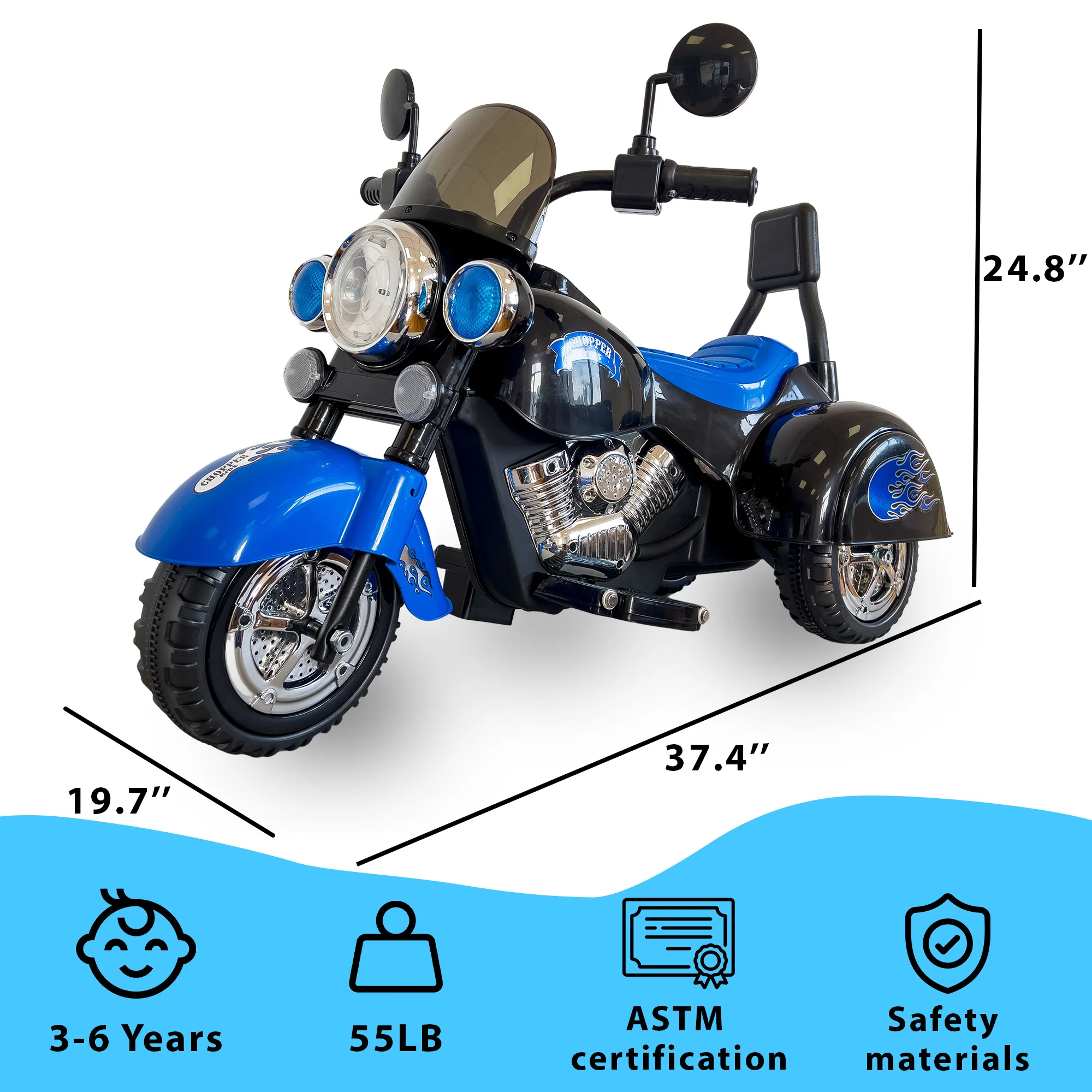 Kinderen Rijden Op Motorfiets Speelgoed, 3-Wheel Chopper Motor Met Led Kleurrijke Koplampen, Blauw Rijden Op Elektrische Batterij Aangedreven Har