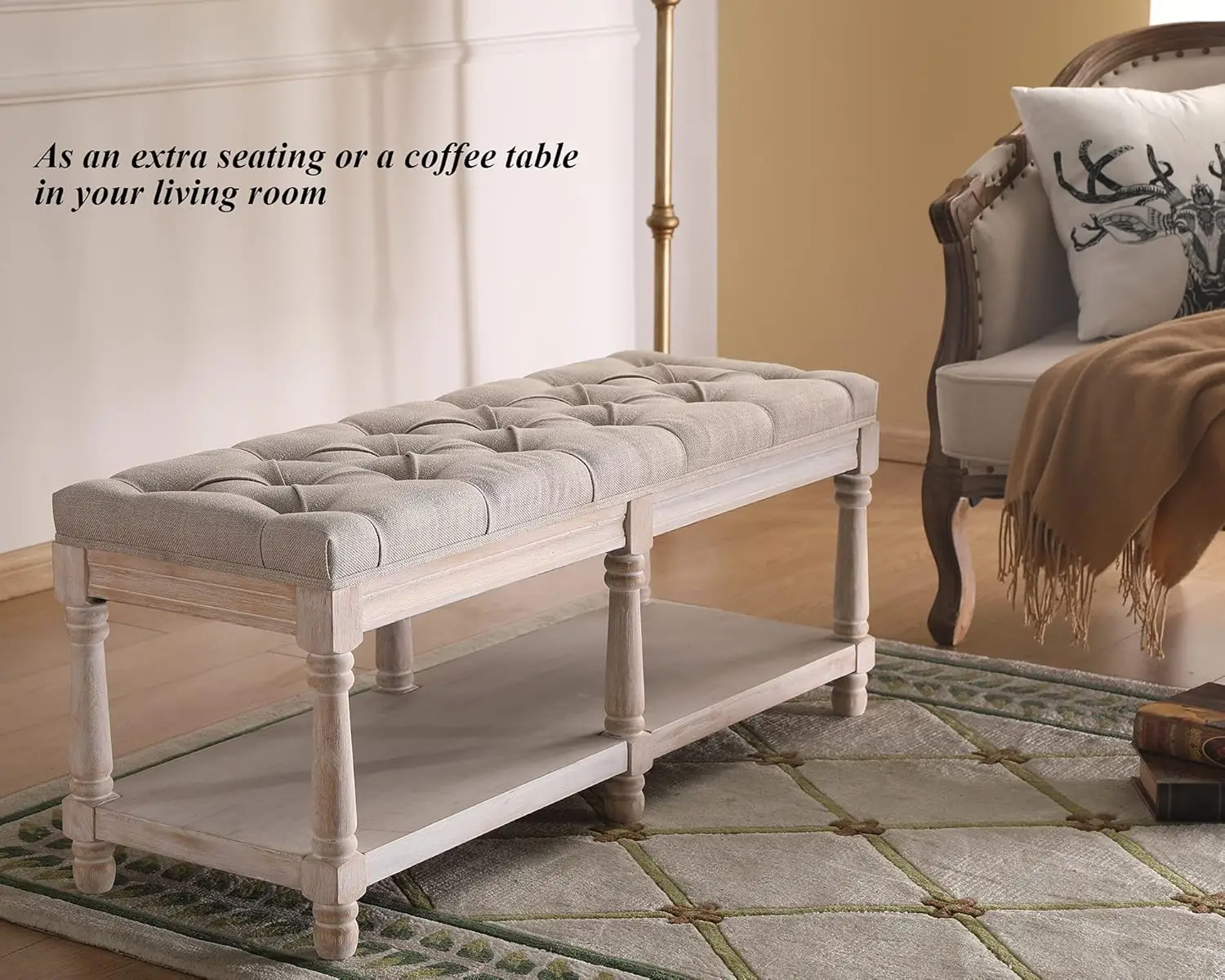 Century getuftete Aufbewahrungsbank mit Regal, mit Leinen gepolsterter Bauernhaus-Eingangshocker, Beige