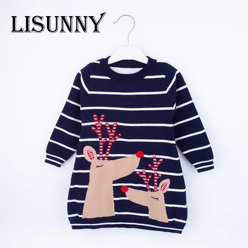 

Новое осенне-зимнее платье принцессы в полоску для девочек, рождественский детский свитер, детская одежда, вязаная юбка, джемпер, пуловер, От 1 до 7 лет