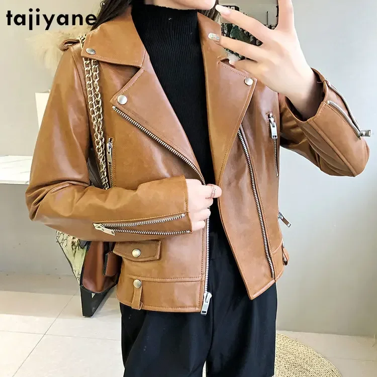 Tajeyane-Chaqueta de piel auténtica para mujer, abrigo Vintage de piel de oveja auténtica, chaquetas cortas ajustadas de cuero, abrigos marrones, ropa de calle