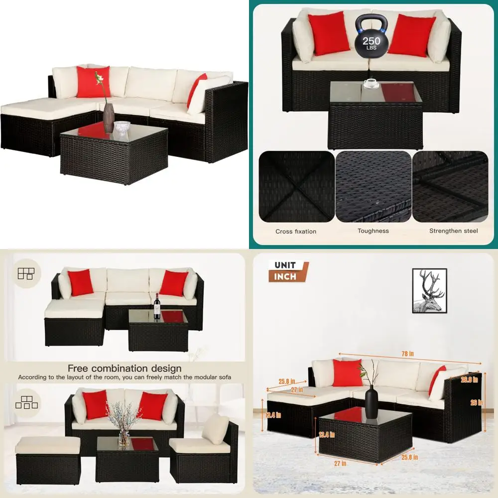 

Outdoor Patio Furniture Set: 5-Piece Wicker Sectional Sofa with Red Pillows for Conversation Area