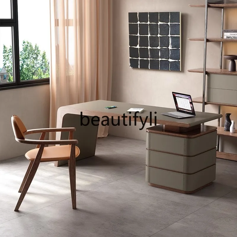 

Retro style saddle leather solid wood desk Italian minimalist home bedroom computer boss desk