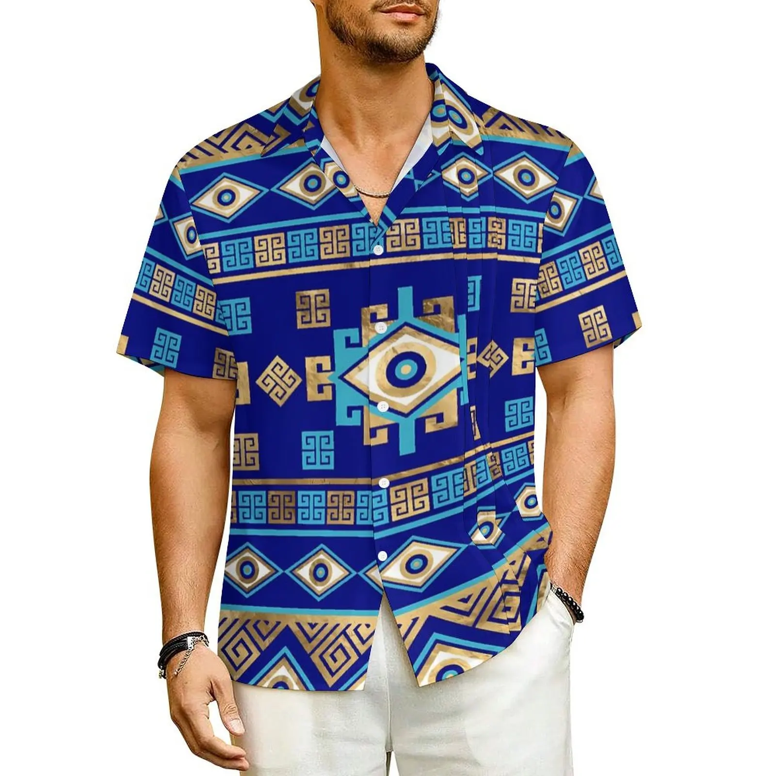 Retro Evil Eye Beach Shirt Mens Greek Meander Key Novelty Casual Shirts Hawaiian Short Sleeves Harajuku Plus Size Blouses Gift